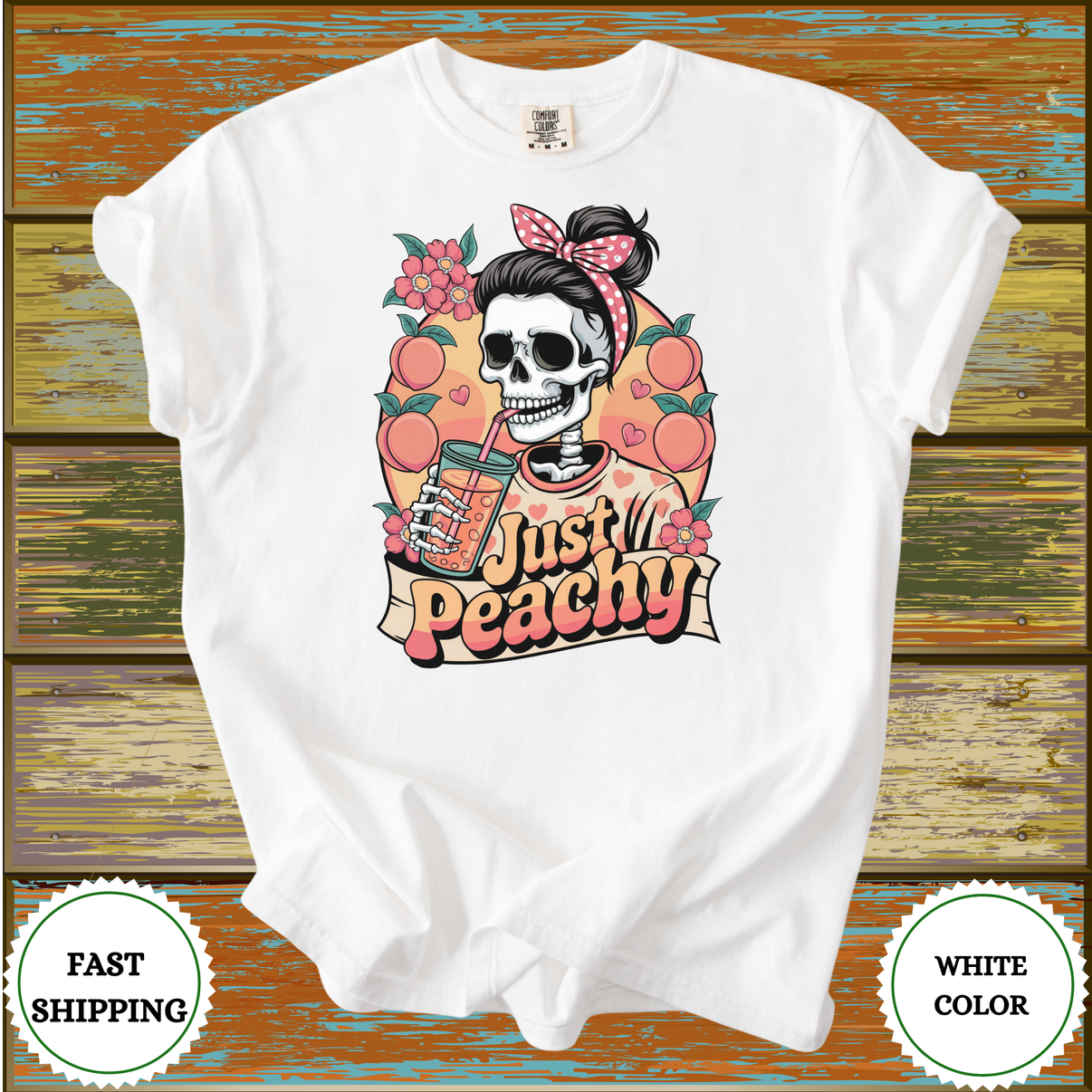 Just Peachy Tee – Cute Retro Fruit Shirt with Kawaii Peach Graphic & Positive Vibes - Design & Print Hub