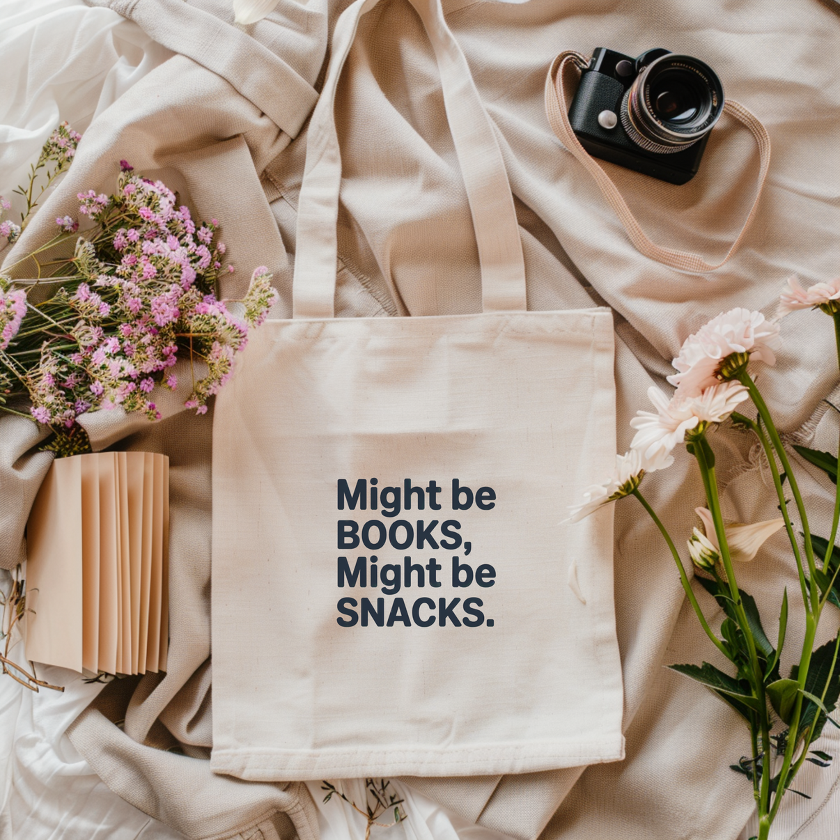 Might Be Books Might Be Snacks Tote Bag | Funny Book Lover & Snack Gift - Design & Print Hub